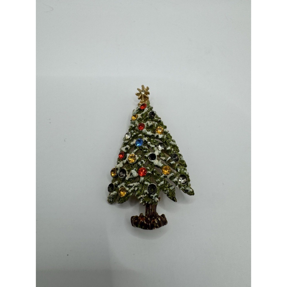 Vintage ART Christmas Tree Brooch Rhinestone Enamel Holiday Pin